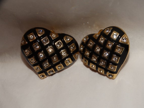 Gold Tone Black Enamel & Rhinestone Heart Clip On… - image 3