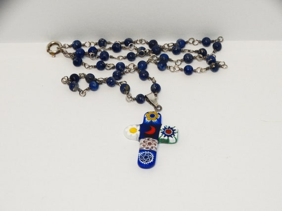 Collana Donna Con Ciondolo Croce In Argento 925 E Lapislazzuli - Gioiello Religioso Con Pietre Naturali, Regalo Per Lei