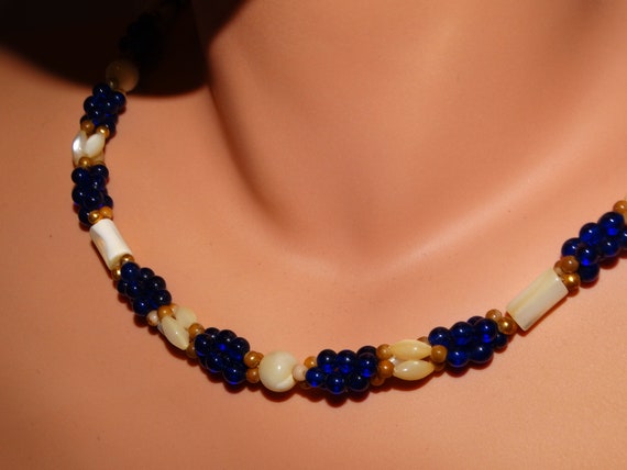 Mother Of Pearl Cobalt Blue Plastic Or Lucite Bea… - image 2