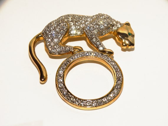 Gold Tone & Sparkling Rhinestone Green Eye Leopar… - image 9