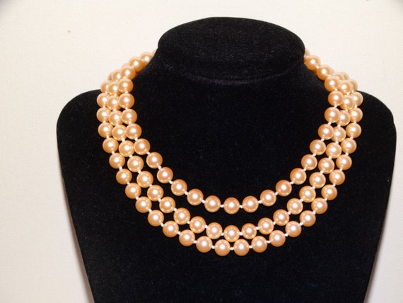 Carolee Signed Triple Strand Rhinestone Pearl Nec… - image 3