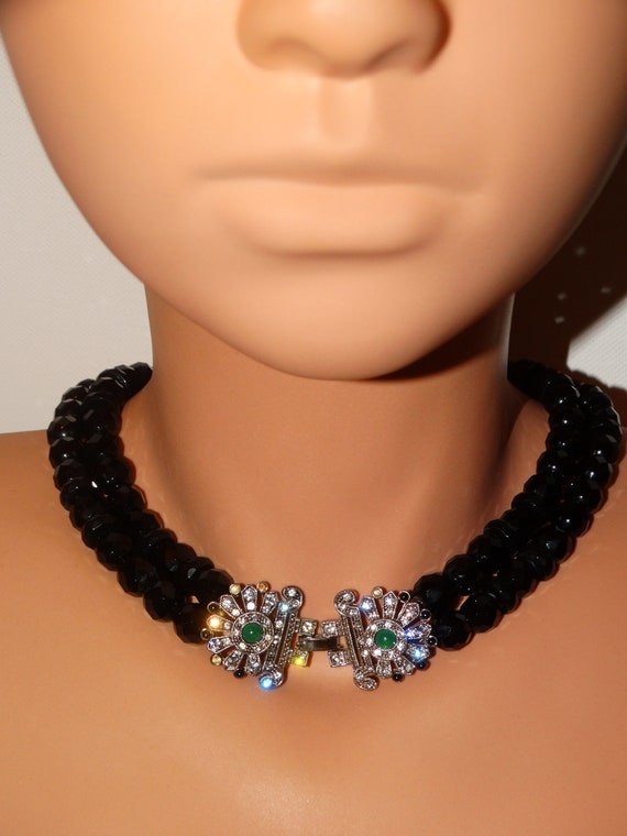Double Strand Black Faceted Glass Bead And Rhines… - image 3