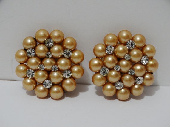 Brass Faux Pearls Plastic Sparkling Rhinestone Cl… - image 2