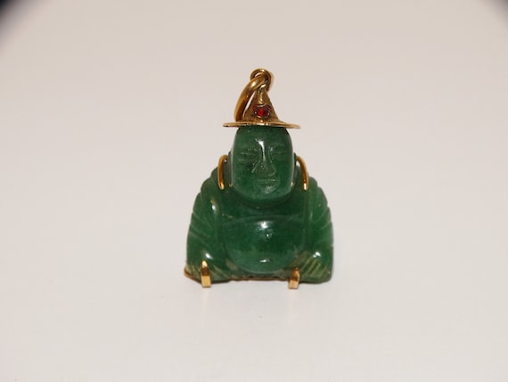 14k Gold Green Jade Buddha Pendant. - image 4