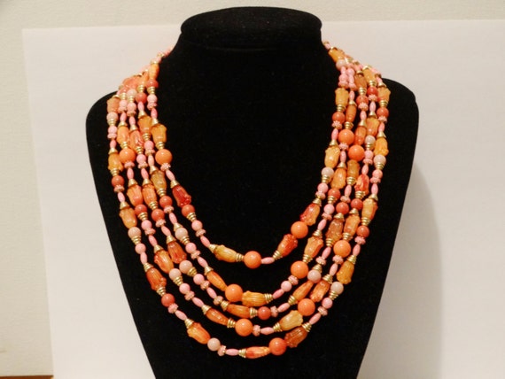 Salmon/Orange Five Strand Plastic Necklace. - image 1