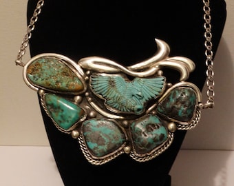 Navajo CHAVEZ Unique Fine Sterling Silver Massive Carved Turquoise Eagle Necklace.