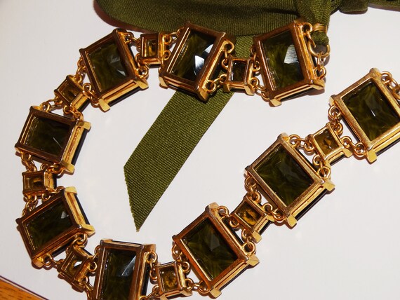 Faceted Square Olive Green Crystal/Glass Necklace… - image 2