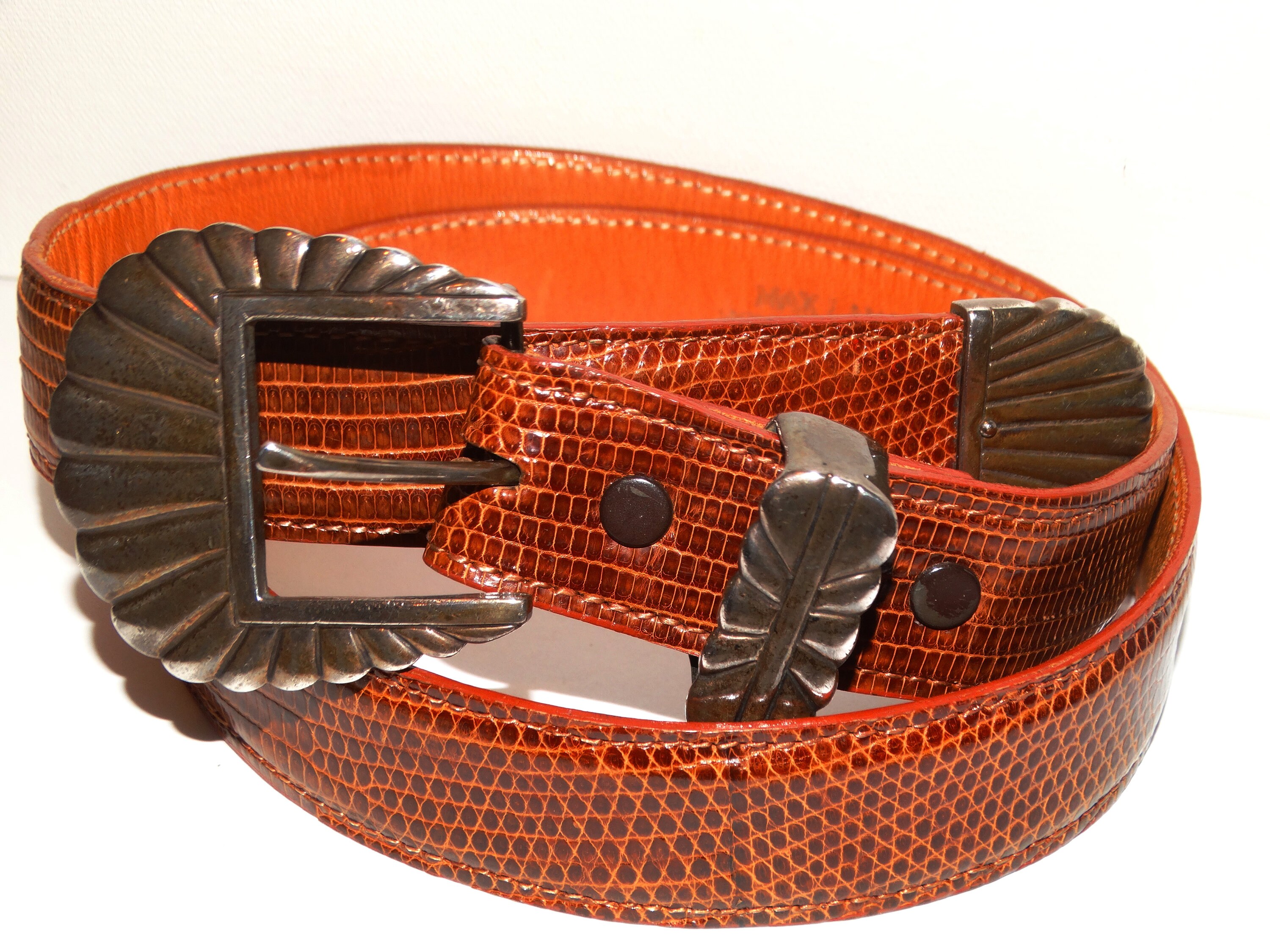 Vintage Max Lang Sterling Silver 925 Karung Snake Skin Western Mexico Tan Brown Sterling Silver Max Lang Famous Designer Peacock Design Belt  main image 3