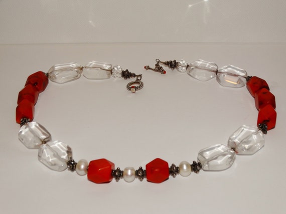 Sterling Silver Coral And Genuine Rock Crystal Ne… - image 1