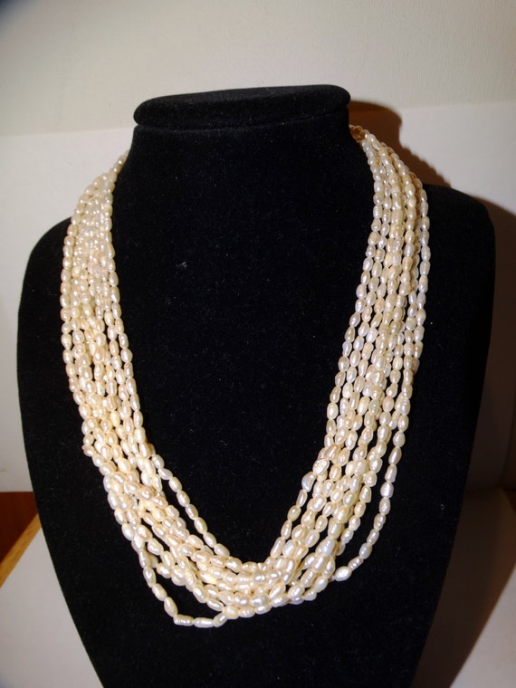 Sterling Silver 9 Strand of Rice Pearl 18" Long N… - image 3