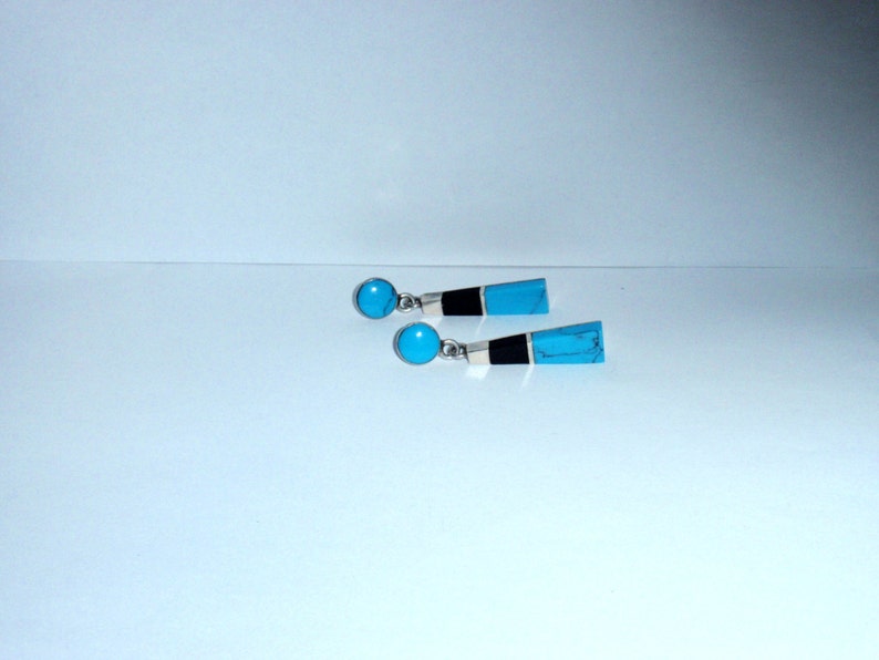 Sterling Silver 950 Mexico Stamped Inlaid Genuine TurquoiseOnyx Large Earrings.