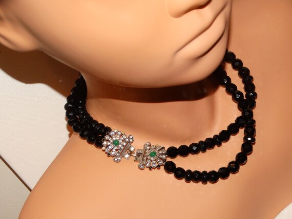 Double Strand Black Faceted Glass Bead And Rhines… - image 8