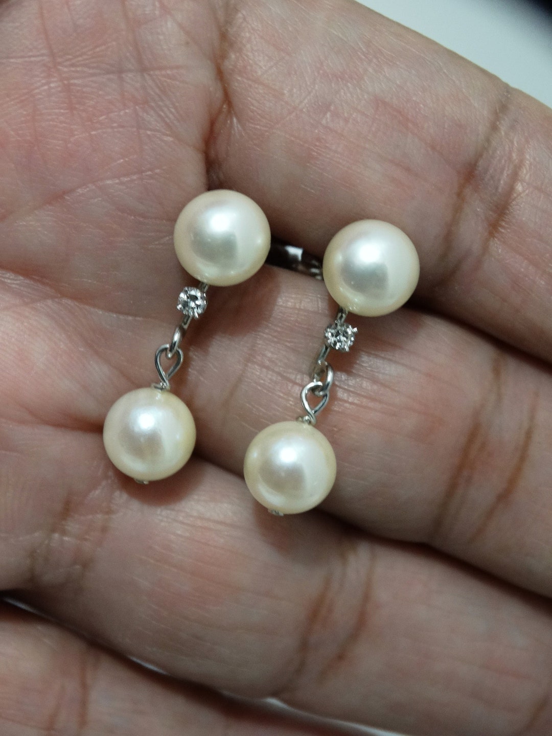14k WG Double Akoya Pearl Small Diamond Earrings - Etsy