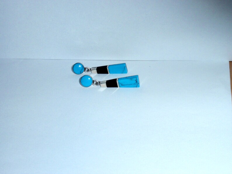 Sterling Silver 950 Mexico Stamped Inlaid Genuine TurquoiseOnyx Large Earrings.