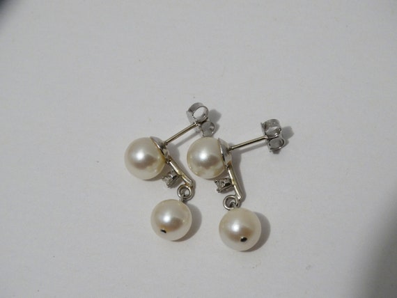 14k WG Double Akoya Pearl Small Diamond Earrings - image 4