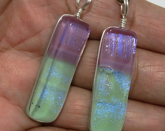 Sterling Silver Iridescent Lavender and Aqua Color Glass Earrings