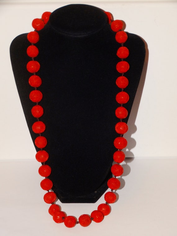 Individually Knotted Carved Cinnabar Bead Necklace