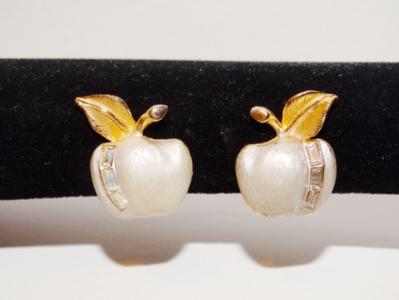 RARE Gold Tone Silver Apple with Rhinestone Earri… - image 1