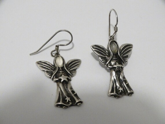 Sterling Silver Stamped Glass Face Angel Earrings. - image 3