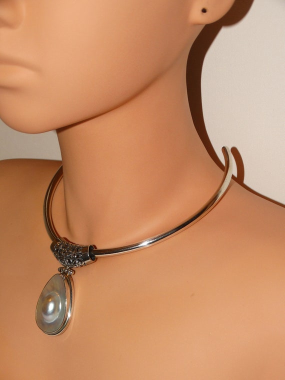 Sterling Silver RARE Mabe Blister Pearl Necklace. - image 9