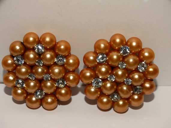Brass Faux Pearls Plastic Sparkling Rhinestone Cl… - image 3