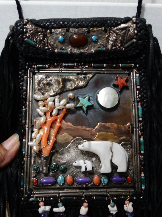 Navajo Black Leather Sterling Silver Shoulder Bag or Medicine Bag.