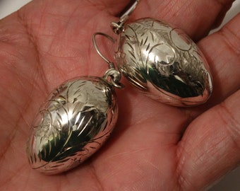 Sterling Silver RARE Hand Etched Large Egg Shape Earrings