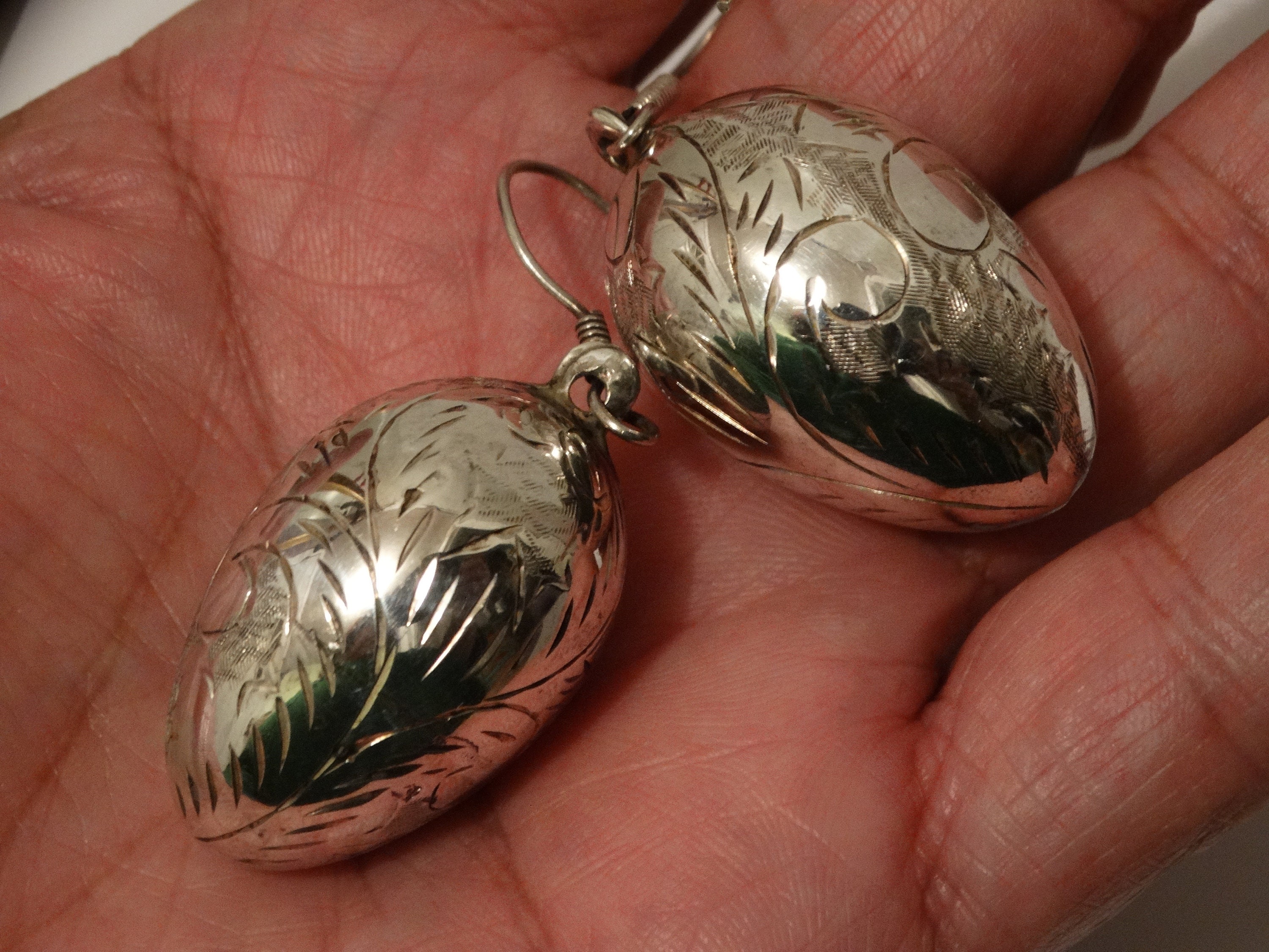 Sterling Silver RARE Hand Etched Large Egg Shape Earrings