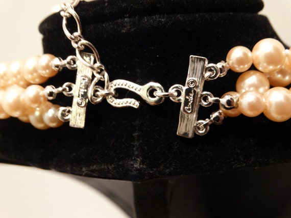 Carolee Signed Triple Strand Rhinestone Pearl Nec… - image 4