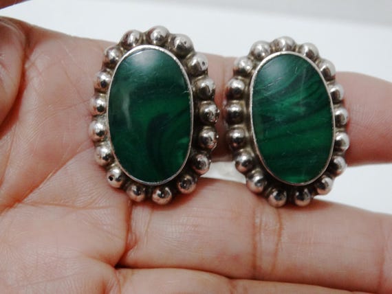 Solid Sterling Silver Green Malachite Stone Clip-… - image 10