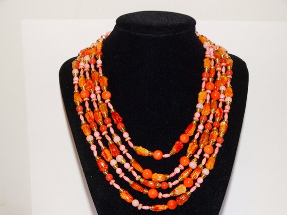 Salmon/Orange Five Strand Plastic Necklace. - image 2