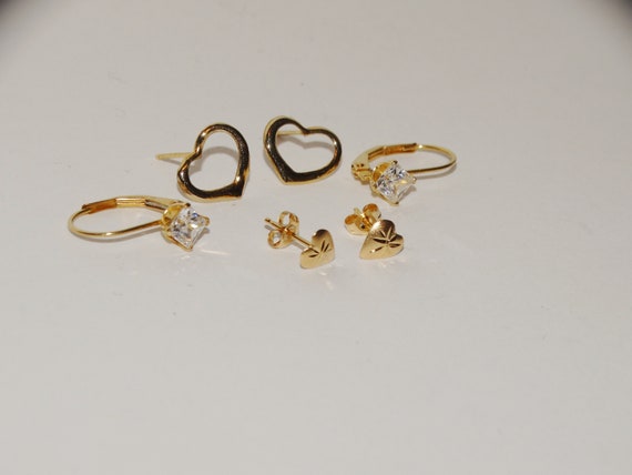 14k Yellow Gold Stamped Three Pairs Of Small Earr… - image 1