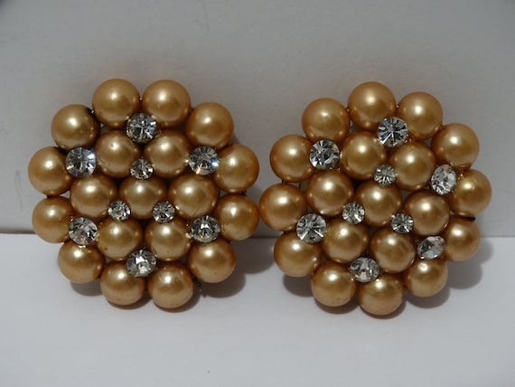 Brass Faux Pearls Plastic Sparkling Rhinestone Cl… - image 1