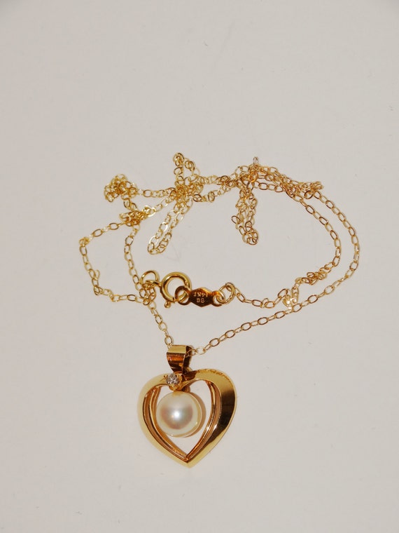 14k yellow gold Genuine Pearl Diamond 3D Heart Nec