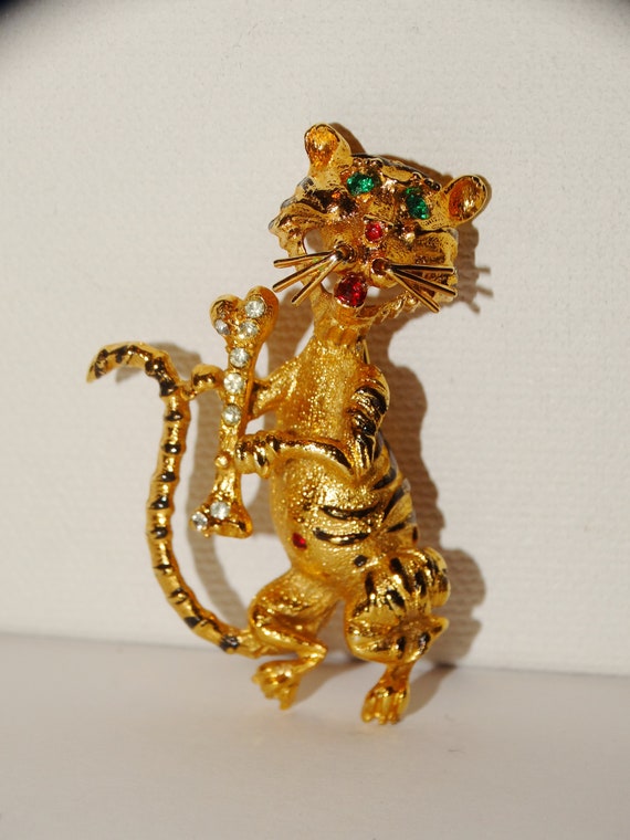 Gold Tone White & Green stones Tiger Brooch. - image 3