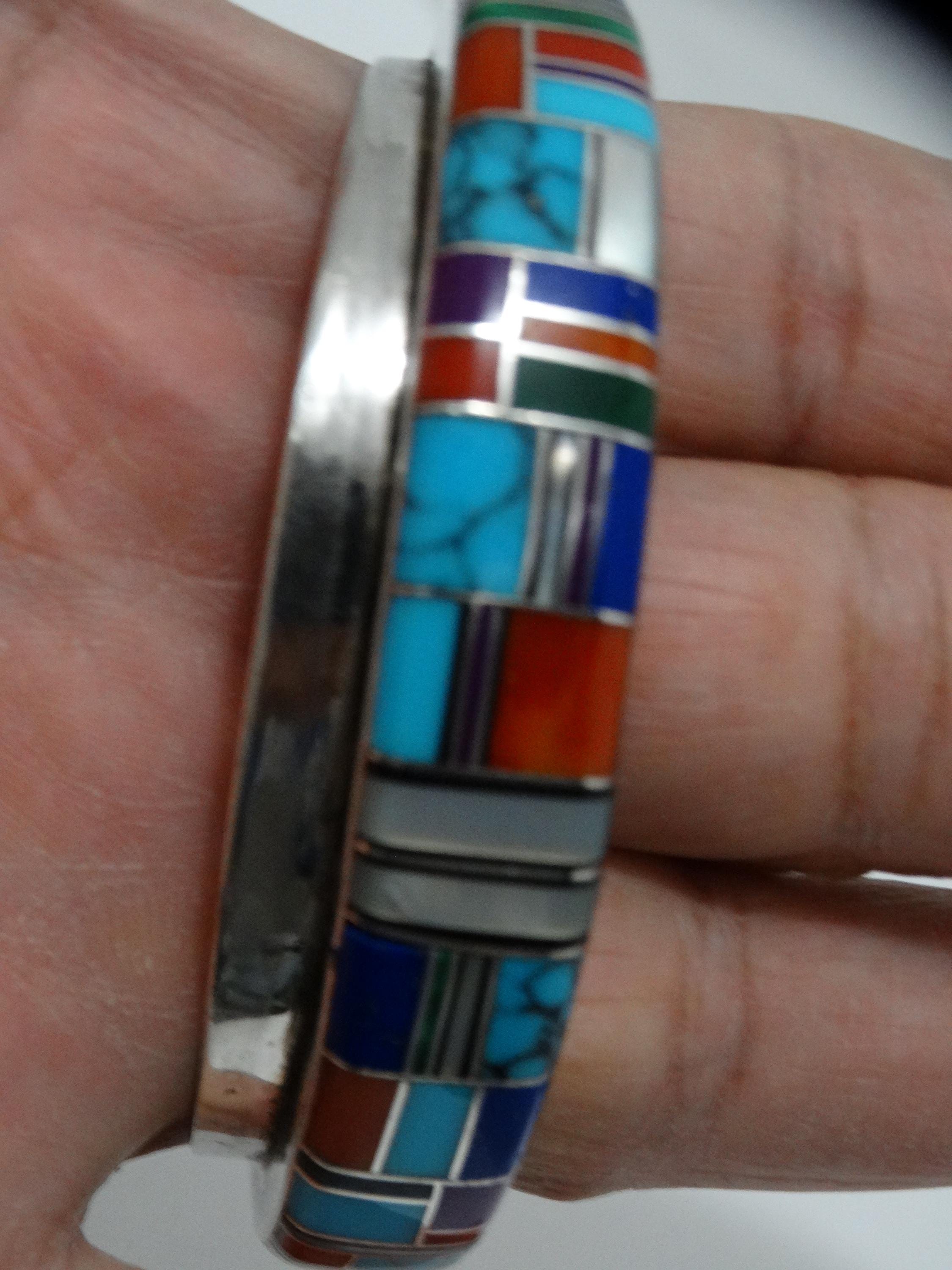 RARE Navajo DD Sterling Signed Genuine Inlaid Stone Cuff Bracelet