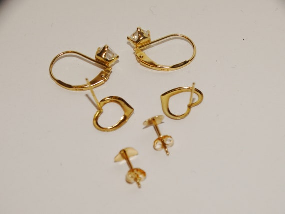 14k Yellow Gold Stamped Three Pairs Of Small Earr… - image 6