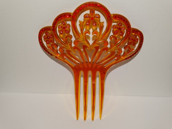 Victorian Honey Color Red Rhinestone Large Hair Comb  display picture 1