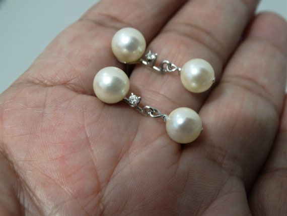 14k WG Double Akoya Pearl Small Diamond Earrings - image 7