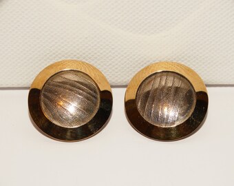 Ed Levin 14k Yellow Gold & Sterling Designer Signd Two Tone CircleTextured Earrings.