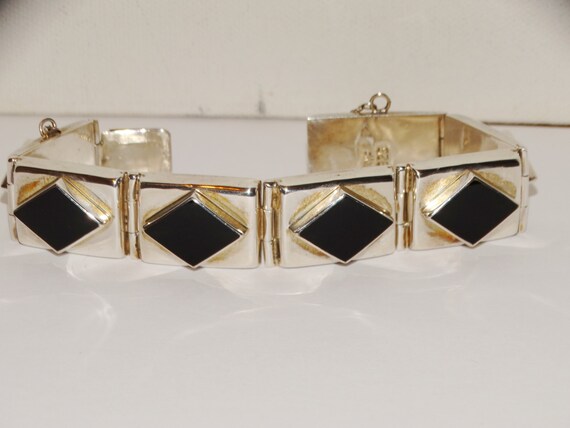 Sterling Silver 7.5" Rectangular Onyx Panel Brace… - image 1