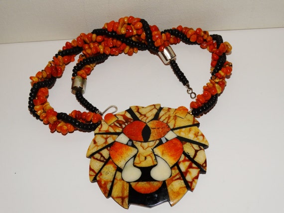 Sponge Apple Coral Inlaid 23" Lion Necklace. - image 1