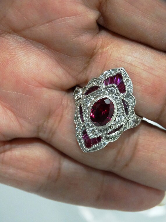 14k White Gold Ruby Baguettes and oblong Stone Ri… - image 6