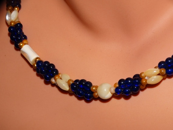 Mother Of Pearl Cobalt Blue Plastic Or Lucite Bea… - image 1