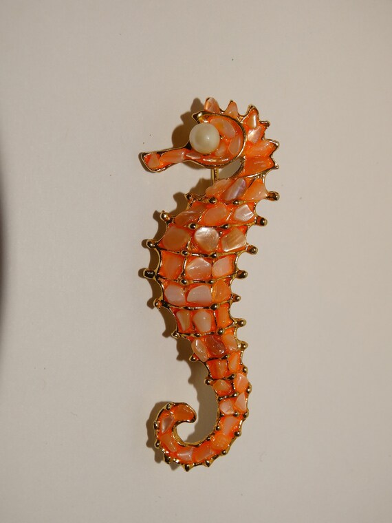 Swoboda Coral Tone And Faux Pearl Sea Horse Brooc… - image 3