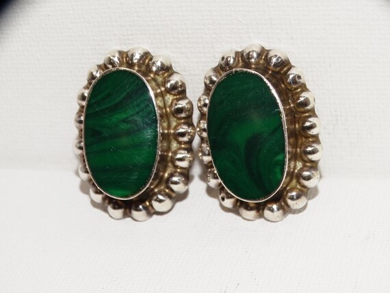 Solid Sterling Silver Green Malachite Stone Clip-… - image 6