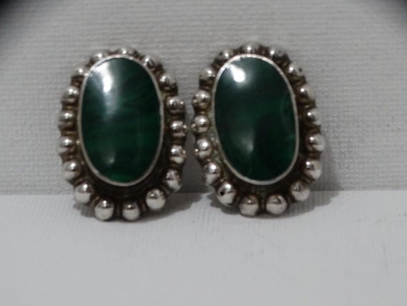 Solid Sterling Silver Green Malachite Stone Clip-… - image 4