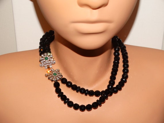 Double Strand Black Faceted Glass Bead And Rhines… - image 7