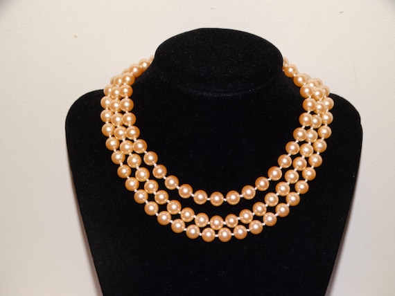 Carolee Signed Triple Strand Rhinestone Pearl Nec… - image 1