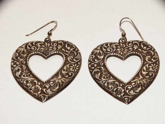 Sterling Silver HUGE Handmade Dangling Heart Earrings.